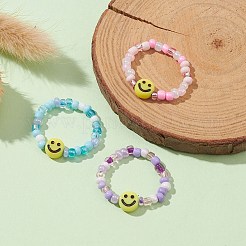 3 個 3 色ガラスシード & アクリル笑顔ビーズストレッチリングセット  ミックスカラー  内径：19mm  1pc /カラー&nbsp;RJEW-JR00577