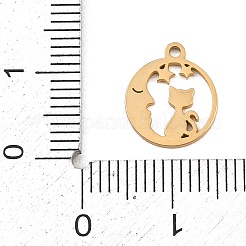 304ステンレススチールチャーム  月と猫のフラットラウンド  ゴールドカラー  12.5x10.5x1mm  穴：1.2mm&nbsp;STAS-Z183-07G