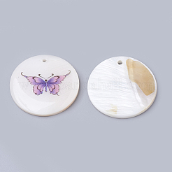 淡水シェルペンダント  蝶とフラットラウンド  乳白色  30x3~4mm  穴：2mm&nbsp;SHEL-Q020-07B