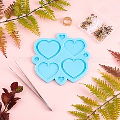 Diyのハート型のイヤリングのシリコーン金型キット  真鍮のピアスフックを含む  プラスチック製ピアスキャッチと304ステンレススチール製ビーズピンセット  ブルー  6.8x5.2x1.1cm&nbsp;DIY-OC0002-79