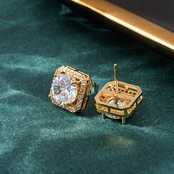 真鍮製 マイクロパヴェ キュービックジルコニア スタッドピアス 女性用  正八角形  18KGP本金メッキ  13x13mm&nbsp;EJEW-F418-02G