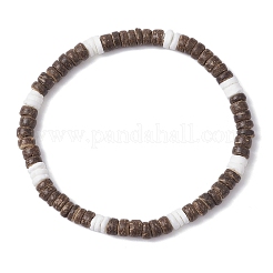 Natural Coconut & White Shell Flat Round Beads Stretch Bracelets for Men&nbsp;BJEW-JB12460-01