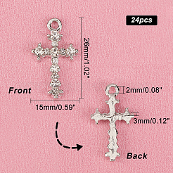 合金ラインストーンペンダント24個  クロス  プラチナ  26x15x3mm  穴：2mm  24pc&nbsp;ALRI-FH0001-02