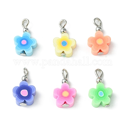 手作り樹脂粘土ペンダント 鉄パーツ 花のチャーム プラチナ 16x9.5x4mm