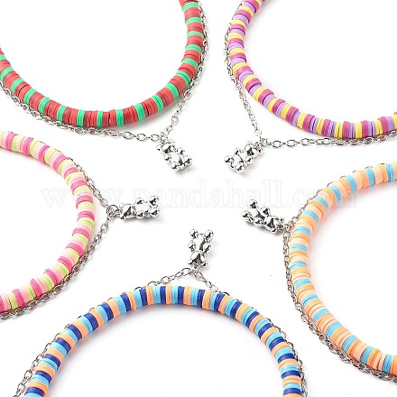 Handmade Polymer Clay Beaded Necklaces and Bear Alloy Pendant Necklace for Kid with 304 Stainless Steel Cable Chain Mixed Color