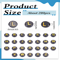 不透明アクリルビーズ 90g  ランダムな文字でフラットラウンド  ブラック  9.5x6mm  穴：2mm&nbsp;MACR-LP0001-05