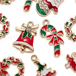50個5スタイルのクリスマステーマ合金エナメルペンダント  カドミウムフリー＆鉛フリー  ライトゴールド  キャンディケーン＆ベル＆グローブ＆蝶結び＆ツリーと花輪  ミックスカラー  17~23x12~15.5x1.5~4mm  穴：1.6~2mm  10個/スタイル&nbsp;ENAM-LS0001-49-RS