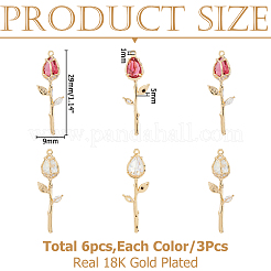 6本2色真鍮マイクロパヴェキュービックジルコニアペンダント  花バラ  18KGP本金メッキ  ミックスカラー  29x9x5mm  穴：1mm  3個/カラー&nbsp;KK-HS0015-17