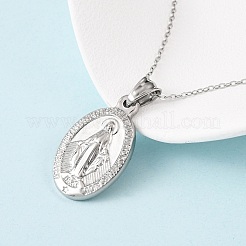 304ステンレススチール製オーバル型聖母マリアペンダントネックレス（女性用）  変色しない  ステンレス鋼色  17.60インチ（44.7cm）&nbsp;NJEW-B149-02P