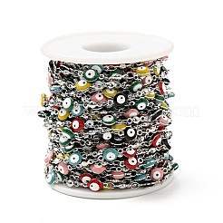 エナメル フラット ラウンド イービル アイ リンク チェーン付き  ステンレススチールカラーメッキ304ステンレススチール金具付き  溶接されていない  スプールで  ホワイト  11x6x3mm  8x3x2mm&nbsp;CHS-G021-01P-04