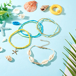 2 Bags Summer Beach Glass Seed Beaded & Natural Shell & Alloy Starfish Charm Anklet Sets&nbsp;AJEW-TA0003-69B