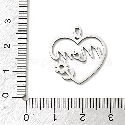 母の日用中空201ステンレススチールペンダント  ママと花のチャームが付いたハート  ステンレス鋼色  23x21x1mm  穴：2.5x1.5mm&nbsp;X-STAS-B136-06P
