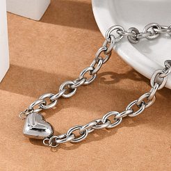 201ステンレススチール製アズキチェーンリンクブレスレット  女性向けの304ステンレススチール製ハートチャーム付き  ステンレス鋼色  8-1/2インチ（21.5cm）&nbsp;BJEW-M051-01P-1