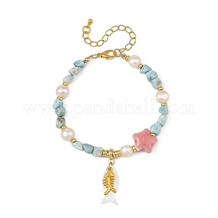 Summer Alloy Fishbone and Natural Shell Fish Charm Bracelets&nbsp;BJEW-JB14438