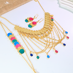 女性用ファッション真鍮ティアドロップタッセルコインイヤリング＆ネックレス＆ブレスレットセット  カラフル  ネックレス：18.90インチ（48cm）&nbsp;VY0534
