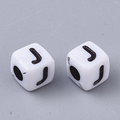 白い不透明なアクリルビーズ  水平穴  黒いアルファベットのキューブ  文字J  4~5x4~5x4~5mm  穴：1.8mm  約6000~6500個/500g&nbsp;MACR-R869-02J