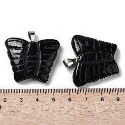 天然黒曜石の彫刻ペンダント  プラチナメッキ真鍮スナップ留めの蝶のチャーム  30x35.5x7mm  穴：7x4.5mm&nbsp;G-B067-01F