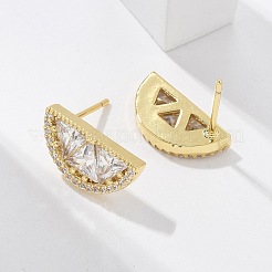 Half Round Brass Micro Pave Clear Cubic Zirconia Stud Earrings&nbsp;EJEW-M077-08G