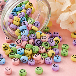 不透明なアクリルビーズ  エナメル  ハート＆スター＆ムーン＆フラワーのフラットラウンド  ミックスカラー  7x4mm  穴：1.5mm  5色  200個/カラー  1000個/セット&nbsp;MACR-PJ0001-01