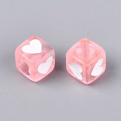 スプレー塗装透明アクリルビーズ  ハートを持つキューブ  ピンク  7x6.5x6.5mm  穴：3.8~4mm  約2270個/500g&nbsp;OACR-N140-02E
