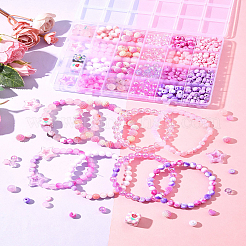 DIY アクリル ラウンド ビーズ ストレッチ ブレスレット 作成キット  ピンク  8mm  穴：1.5mm&nbsp;DIY-FS0008-77