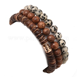 3Pcs 3 Style Natural Dalmatian & Coir Wood Bbeaded Stretch Bracelets Set&nbsp;BJEW-JB09863