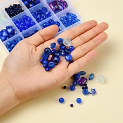 DIYブルーシリーズブレスレットジュエリー製作キット  232個のハートとジオメトリのプラスチックとアクリルビーズ  ガラスシードビーズと弾性ストレッチスレッド  ミックスカラー  ビーズ：232個/箱&nbsp;DIY-YW0002-66