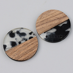 樹脂＆ウォールナットウッドペンダント  フラットラウンド  ブラック  28x3mm  穴：2mm&nbsp;X-RESI-S389-025A-A02