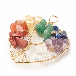天然gmestone銅線ビッグペンダント  天然アメジスト＆グリーンアベンチュリン＆シトリン＆ラピスラズリ＆レッドジャスパー＆レッドアベンチュリン＆クォーツクリスタル  染めと未染色の混合  木の心  ライトゴールド  53.5x46.5x8mm  穴：5.5mm&nbsp;PALLOY-JF01434-03
