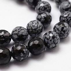 天然石スノーフレークオブシディアンビーズ連売り  多面カット  ラウンド  ブラック  8mm  穴：1mm  約44個/連  14.9インチ〜15.1インチ&nbsp;G-G736-06-8mm