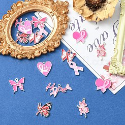 16 個 8 スタイル乳がんピンクアウェアネスリボンテーマ合金エナメルペンダント  銀  混合図形  19~24x13.5~32.5x1.5~1.6mm  穴：1.5mm  2個/スタイル&nbsp;ENAM-YW0006-40