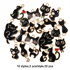 20個10スタイルアロイエナメルペンダント  猫  ブラック  11.5~29.5x8~16x1.2~3mm  穴：1.4~2mm  2個/スタイル&nbsp;ENAM-FP0002-95