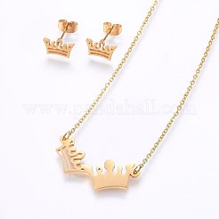 304ステンレススチールジュエリーセット  スタッドピアスとペンダントネックレス  クラウン  ミックスカラー  ネックレス：18.9インチ（48cm）  スタッドピアス：7x11x1.2mm  ピン：0.8mm&nbsp;SJEW-O090-21