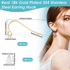 304ステンレススチールピアスフック100個  100個のプラスチック製イヤーナット付き  18KGP本金メッキ  11.5x24mm  22ゲージ  ピン：0.6mm&nbsp;STAS-BBC0008-78A