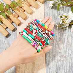 10pcs10スタイルポリマークレイヘイシビーズストレッチブレスレットセットクリスマス用  天然真珠ビーズと合金エナメルペンダント付き  ゴールドカラー  ミックスカラー  内径：2-1/8インチ（5.5cm）  1個/スタイル&nbsp;BJEW-JB06128