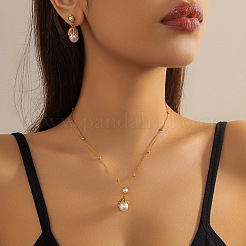 304 Stainless Steel with Plastic Pearl Pendant Necklace & Stud Dangle Earring&nbsp;FS-WG92D8A-04