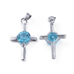 ラインストーンチャーム  プラチナトーンの真鍮パーツ  クロス  アクアマリン  27x15.5x5.5mm  穴：3.5x4mm&nbsp;KK-L157-09C