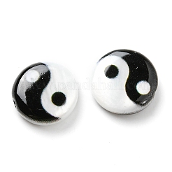 印刷された天然淡水シェルビーズ  陰陽フラットラウンドビーズ  ブラック  8x2.5~3mm  穴：0.8mm&nbsp;SHEL-R129-07A-01