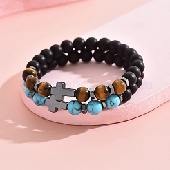 2Pcs 2 Styles Matte Natural Black Obsidian & Tiger Eye & Synthetic Turquoise Round Beads Stretch Bracelets&nbsp;IH5408