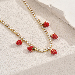 Brass Pave Clear Cubic Zirconia Tennis Chain 5 Strawberries Pendant Bib Necklaces for Women&nbsp;JT1747