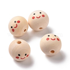 プリントウッドヨーロピアンビーズ  笑顔模様大穴丸ビーズ  染色されていない  ビスク  20x17.5mm  穴：4.7mm  約217個/500g&nbsp;WOOD-C001-03A-04