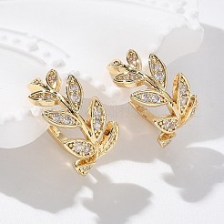 真鍮マイクロペーブクリアキュービックジルコニアカフイヤリング  葉っぱの枝  ゴールドカラー  15x8.5mm  内径：12mm&nbsp;X-EJEW-I249-11G