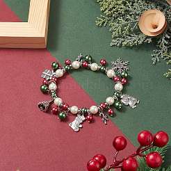 ガラスパールビーズストレッチブレスレット  キャンディケーン & スノーフレーク & サンタクロース & ベル合金チャーム クリスマス ブレスレット 女性用  カラフル  内径：2-1/4インチ（5.6cm）&nbsp;BJEW-TA00250