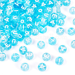 100個5スタイルの透明アクリルビーズ  アルファベット付きフラットラウンド  ライトスカイブルー  7x4mm  穴：1.4mm  20個/カラー&nbsp;TACR-TA0001-54C