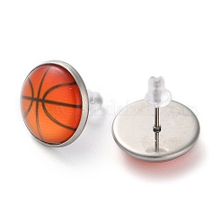 スポーツボールガラス＆304ステンレススチールスタッドピアス（女性用）  ステンレス鋼色  バスケットボール  15.5mm&nbsp;EJEW-H005-01P-03