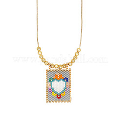 French Style Glass Seed Beaded Heart Pendant Brass Box Chain Adjustable Slider Necklaces for Women and Men&nbsp;JX4155-4
