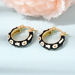 花柄の真鍮エナメルフープピアス  ラックめっき  長持ちメッキ  カドミウムフリー＆鉛フリー  18KGP本金メッキ  ブラック  19.5x5mm&nbsp;EJEW-G471-08G-01