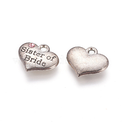 Wedding Theme Antique Silver Tone Tibetan Style Heart with Sister of Bride Rhinestone Charms&nbsp;TIBEP-N005-06C