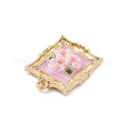 合金エナメルチャーム  花のチャームが付いた長方形  樹脂と  ピンク  25.5x19x5.5mm  穴：2mm&nbsp;FIND-G089-03G-02