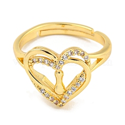 Heart with Letter Rack Plating Brass Micro Pave Clear Cubic Zirconia Adjustable Rings for Women&nbsp;RJEW-I105-01G-I